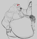 against_surface against_wall anthro bear belly belly_press belly_smother big_belly chest_tuft duo eyewear glasses huge_belly lagomorph leporid male male/male mammal musclegut muscular obese obese_male overweight overweight_male rabbit riece_ranchoa size_difference tuft