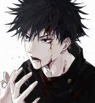  1boy absurdres black_eyes black_hair black_jacket bleeding blood blood_from_mouth blood_on_face blood_on_hands buttons chinese_commentary eyelashes fingernails fushiguro_megumi gakuran hair_between_eyes hands_up high_collar highres injury jacket jujutsu_kaisen long_sleeves looking_to_the_side male_focus nidexintu open_mouth school_uniform short_hair simple_background solo spiked_hair teeth upper_body white_background 