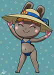 absurd_res animal_crossing anthro bikini blonde_hair blush_marks bonbon_(animal_crossing) clothing colored eyes_closed female flower_accessory hair hat headgear headwear hi_res lagomorph leporid mammal nintendo painted_background rabbit raised_arms revtilian ribbons short_hair smile solo sr standing swimwear tail third-party_edit two-piece_swimsuit