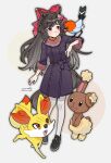  1girl animal_ears animal_on_arm bird bird_on_arm blush bow braid breasts brown_hair buneary closed_mouth coat crossover daiichi_ruby_(umamusume) drill_hair fang fennekin fletchling flower fox fur_trim hair_bow hair_flower hair_ornament hashtag-only_commentary highres horse_ears horse_girl horse_tail long_hair long_sleeves open_mouth pantyhose pokemon pokemon_(creature) pokemon_on_arm purple_coat purple_eyes rabbit red_eyes saramiao-chan simple_background smile tail umamusume white_pantyhose wings 