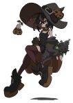  1girl absurdres bare_shoulders black_boots black_dress black_hair boots closed_mouth commentary_request dress eyelashes floating full_body green_eyes grey_hat grey_jacket hat highres ida_(idalol490) jacket leaf multicolored_hair off_shoulder original pumpkin pumpkin_hat_ornament red_hair red_thighhighs shadow short_dress short_hair signature simple_background solo thighhighs tombstone turtle two-tone_hair white_background witch_hat 