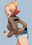 1girl ;d ass blonde_hair blue_eyes bracelet breasts brown_jacket eightyfourart gradient_hair grey_background grey_shorts hair_bun highres holding holding_poke_ball jacket jewelry looking_at_viewer mega_ring multicolored_hair one_eye_closed pink_hair poke_ball poke_ball_(basic) pokemon pokemon_legends:_z-a short_shorts shorts smile solo sweater taunie_(pokemon) thighs 