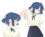  1girl ahoge black_ribbon blue_hair blush bocchi_the_rock! collared_shirt hair_ornament hairclip highres jo9a5d multiple_views neck_ribbon pleated_skirt ribbon shirt short_hair short_sleeves skirt striped_background striped_clothes striped_shirt white_shirt yamada_ryo yellow_eyes 