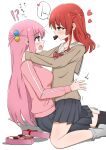  2girls @_@ absurdres blue_eyes blush bocchi_the_rock! bow bowtie breasts brown_sailor_collar brown_shirt candy chocolate commentary_request cube_hair_ornament eye_contact food food_in_mouth from_side girl_on_top gotoh_hitori green_eyes grey_skirt hair_ornament hands_on_another&#039;s_shoulders heart heart-shaped_chocolate heart-shaped_food highres hoshina_(78737696) jacket kita_ikuyo long_hair long_sleeves looking_at_another miniskirt multiple_girls one_side_up pink_hair pink_jacket pleated_skirt raised_inner_eyebrows red_bow red_bowtie red_hair sailor_collar school_uniform serafuku shirt simple_background sitting skirt speech_bubble sweat track_jacket translation_request valentine very_long_hair white_background yuri 