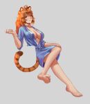  1girl ahoge amildbreeze animal_ear_fluff animal_ears bare_legs barefoot bathrobe beckoning blue_bathrobe blush breasts chair cleavage collarbone crossed_legs english_commentary fang feet fingernails gradient_background green_eyes grey_background hand_on_own_leg highres igris_(amildbreeze) invisible_chair large_breasts long_hair looking_at_viewer messy_hair multicolored_hair nose_blush on_chair original revealing_clothes shiny_skin sitting soles tail tiger_ears tiger_girl tiger_tail toenails 