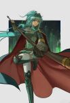  1girl aqua_eyes aqua_hair armor bracelet breastplate breasts brown_gloves cape closed_mouth commentary_request eirika_(fire_emblem) eirika_(pledged_restorer)_(fire_emblem) fire_emblem fire_emblem:_the_sacred_stones fire_emblem_heroes gloves helm helmet highres holding holding_weapon imageprogram_(kent) jewelry leg_up long_hair long_sleeves medium_breasts official_alternate_costume official_alternate_hairstyle polearm ponytail redrawn sidelocks skirt smile solo spear thighhighs very_long_hair weapon 