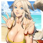  1girl 5tatsu animal_ears armlet bare_shoulders beach blue_eyes breasts cleavage cloud cloudy_sky collarbone grin jewelry kemonomimi_mode large_breasts ocean original palm_tree parted_lips shirt sky smile solo strap_pull tail teeth tree upper_body yellow_shirt 