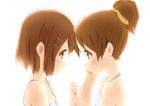  blush brown_eyes brown_hair caress dress errant eye_contact hair_ornament hair_ribbon hairclip hirasawa_ui hirasawa_yui holding_hands incest k-on! looking_at_another multiple_girls ponytail profile ribbon short_hair siblings simple_background sisters smile white_background white_dress yuri 