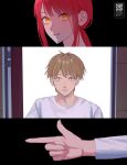  1boy 1girl absurdres black_background blonde_hair chainsaw_man denji_(chainsaw_man) doorway finger_gun gm_gn8 highres looking_at_viewer makima_(chainsaw_man) parted_lips pointing red_hair ringed_eyes shirt thumbnail_collage white_background white_shirt 