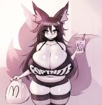  1girl :&lt; animal_ears bag borrowed_character breasts bubble_tea cleavage closed_mouth clothes_writing commentary english_commentary fox_ears fox_girl fox_tail greyscale hair_ornament highres holding holding_bag huge_breasts looking_at_viewer mcdonald&#039;s mochifoxxo monochrome multiple_tails navel original plump skindentation skull_hair_ornament solo striped_clothes striped_thighhighs tail tank_top thick_thighs thighhighs thighs 