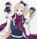  1girl 2boys adjusting_scarf beanie belt black_boots black_bow black_hair black_hat black_jacket black_pants blonde_hair blue_eyes blush boots bow braid chibi chibi_inset commentary_request covered_mouth danganronpa_(series) danganronpa_2:_goodbye_despair dress drop_shadow eyelashes flying_sweatdrops green_dress grey_eyes hair_bow hat heart heterochromia highres holding holding_screwdriver holding_wrench jacket jumpsuit ki_27ro long_hair long_sleeves multiple_boys nose_blush open_clothes open_jacket open_mouth outline pants pink_eyes pink_hair purple_eyes purple_scarf red_bow scar scar_across_eye scar_on_face scarf scarf_over_mouth screwdriver sharp_teeth shoes short_hair short_sleeves sidelocks single_braid smile soda_kazuichi sonia_nevermind standing tanaka_gundham teeth upper_teeth_only white_belt white_outline wrench yellow_jumpsuit yellow_shoes 