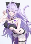  1girl :d absurdres ahoge ai_(u_e_o_o) animal_ear_headband animal_ear_legwear animal_ears bandaid_on_hip belt black_belt black_sports_bra blunt_bangs breasts cat_ear_legwear cat_ears cat_girl cat_tail choker cleavage clothing_cutout criss-cross_halter fang fishnet_thighhighs fishnets hair_flaps hair_ornament hairclip halterneck heart_cutout highres hololive large_breasts long_hair looking_at_viewer navel nekomata_okayu nekomata_okayu_(personya_respect) o-ring o-ring_choker official_alternate_costume official_alternate_hair_length official_alternate_hairstyle open_fly open_mouth pantyhose paw_pose purple_eyes purple_hair purple_pantyhose short_shorts shorts simple_background single_leg_pantyhose skin_fang smile solo sports_bra stomach tail thighhighs torn_clothes torn_shorts very_long_hair virtual_youtuber white_background white_shorts 