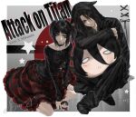  1boy 1girl animal_ear_hood black_hair black_jacket black_pants black_shirt border breasts character_doll character_name character_pillow copyright_name couple cross cross_necklace doll eren_yeager full_body grey_background hair_between_eyes hetero highres hood hood_up hooded_jacket indian_style jacket jewelry kneeling laicuihu666 long_skirt medium_breasts mikasa_ackerman multiple_necklaces necklace official_alternate_costume official_alternate_hairstyle pants parted_lips plaid_clothes plaid_skirt red_skirt scar scar_on_cheek scar_on_face shingeki_no_kyojin shirt short_twintails sitting skirt studded_choker twintails twitter_username white_border 