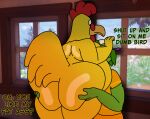 2025 aggressive anthro avian beak big_butt bird black_eyes bubble_butt butt chameleon chicken dialogue digital_media_(artwork) duo english_text epic_games ernie_the_giant_chicken face_on_chest family_guy feathers fortnite fortnite:_battle_royale galliform green_body hand_on_butt hi_res huge_butt insult_of_endearment lizard looking_at_another looking_at_partner male male/male on_wall phasianid rear_view reptile scalie size_difference tail teasing text vandoughy yellow_body yellow_feathers ziggy_(fortnite)