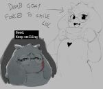 anthro blood bodily_fluids bovid caprine clothed clothing crying cute_fangs deltarune english_text eyewear fangs fingers floppy_ears glasses greyscale hi_res horn krekk0v long_ears looking_at_viewer male mammal monochrome open_mouth ralsei solo spot_color tears teeth text tongue undertale_(series)