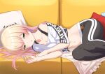  1girl arm_rest black_bra black_pants blonde_hair blush bra breasts clothes_writing commentary_request copyright_name couch crop_top crop_top_lift cropped_shirt gradient_hair green_eyes hair_flowing_over hair_over_shoulder hair_spread_out half-closed_eyes highres hololive hololive_dance_practice_uniform long_hair looking_at_viewer lying midriff momosuzu_nene multicolored_hair navel official_alternate_costume on_couch on_side open_mouth pants pillow pink_hair shirt solo sports_bra underwear virtual_youtuber white_shirt yoga_pants 