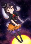  1girl animal_ears black_hair black_pantyhose black_shirt cane grin halloween hat hataraki_kuma inaba_tewi looking_at_viewer lop_rabbit_ears mini_hat mini_top_hat orange_skirt pantyhose purple_shorts rabbit rabbit_ears rabbit_girl rabbit_tail shirt short_hair shorts shorts_under_skirt skirt smile smug solo standing tail top_hat touhou 