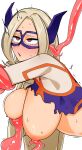  1girl ahegao blonde_hair blush bodysuit boku_no_hero_academia breasts bright_pupils commentary dashed_eyes domino_mask ear_insertion eye_mask from_side grabbing_another&#039;s_arm grabbing_another&#039;s_breast groping hanging_breasts highres horns long_hair mask mount_lady multicolored_bodysuit nipple_stimulation nipple_tweak nipples nose_blush purple_bodysuit purple_horns purple_mask red_eyes restrained rolling_eyes ryuugu2000 superhero_costume sweatdrop tentacles torn_bodysuit torn_clothes upper_body white_pupils 