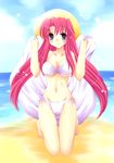  aty_(summon_night) barefoot bikini breasts cameltoe cleavage green_eyes hat kneeling long_hair medium_breasts pink_hair side-tie_bikini solo summon_night summon_night_3 swimsuit tamagawa_yukimaru 