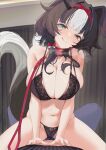  1girl :q absurdres animal_collar animal_ears bibi_biscuit black_bra black_panties blue_eyes bow bra breasts breath brown_hair cleavage collar dog_ears dog_girl dog_tail girl_on_top hair_bow highres kebohan large_breasts leash medium_hair motion_blur multicolored_hair navel panties phase_connect red_bow red_collar second-party_source shadow smile streaked_hair tail tongue tongue_out twintails underwear virtual_youtuber white_bow white_hair 
