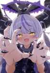  1girl animal_on_head bird bird_on_head black_dress black_horns black_nails blunt_bangs claw_pose collar commentary crow_(la+_darknesss) demon_horns dress eyebrows_hidden_by_hair fang fingernails grey_hair highres hololive horn_belt horns kozakura-kun la+_darknesss la+_darknesss_(5th_costume) long_fingernails long_hair metal_collar multicolored_hair nail_polish official_alternate_costume on_head pointy_ears purple_hair sharp_fingernails skin_fang slit_pupils solo streaked_hair twintails very_long_hair virtual_youtuber yellow_eyes 