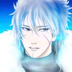  1boy akilaeeee blue_background commentary_request facial_mark fur_trim looking_to_the_side lowres male_focus naruto_(series) parted_lips portrait red_eyes senju_tobirama solo turtleneck white_hair 