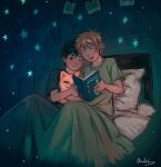  1boy 1girl alternate_costume antenna_hair artist_name basil_(faraway)_(omori) basil_(omori) black_eyes black_hair black_shirt blonde_hair blue_eyes blush book closed_mouth crossed_arms green_shirt highres holding holding_book holding_stuffed_toy indoors omori on_bed open_mouth photo_(object) pillow reading_together shirt short_hair short_sleeves sitting smile stuffed_toy sunny_(omori) t-shirt teeth umilini2 under_covers upper_teeth_only 