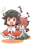  :3 animal_ears blush_stickers braid brown_eyes brown_hair cat_ears cat_tail chen chibi earrings eating fish happy hat jewelry kaenbyou_rin multiple_girls multiple_tails no_nose nyuusankin o_o open_mouth red_hair simple_background single_earring sitting standing tail touhou 