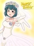  bare_shoulders blush breasts bridal_veil dress elbow_gloves flower gloves gown green_hair hair_ornament idolmaster idolmaster_(classic) jewelry medium_breasts mole mole_under_mouth open_mouth otonashi_kotori outstretched_arm outstretched_hand red_eyes ring short_hair smile solo veil wagomu17 wedding_dress 