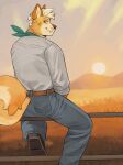 2025 anthro belt blush bottomwear canid canine canis clothing countershade_face countershading denim denim_bottomwear denim_clothing domestic_dog fence fur furgonomic_pants gol1ath hair hi_res hybrid hyena jeans kerchief looking_back male male_anthro mammal mountain orange_body orange_fur pants shiba_inu sitting smile solo spitz sunset tail tan_body tan_fur tan_hair teeth