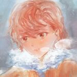  1girl :d blush bob_cut breath brown_eyes brown_hair curtained_hair feitu233 fur_collar highres jacket misaka_mikoto orange_jacket portrait short_hair smile snow solo toaru_majutsu_no_index 
