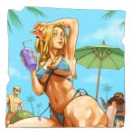  1girl 2boys abs armpits beach beach_towel beach_umbrella beard bikini blonde_hair blue_bikini blue_sky braid breasts cleavage commentary drink dungeon_meshi dwarf elf english_commentary facial_hair food front-tie_bikini_top front-tie_top fruit green_eyes hair_around_ear highres holding holding_drink ice ice_cube laios_touden long_beard long_hair looking_at_viewer lotion marcille_donato medium_breasts melon micro_bikini multiple_boys mustache navel open_mouth orange_shorts palm_tree pectorals pointy_ears presenting_armpit senshi_(dungeon_meshi) short_hair shorts skindentation sky smile sousou_no_frieren stomach string_bikini sunglasses sunscreen swimsuit tanning thick_mustache topless_male towel tree umbrella very_long_beard voland 