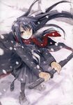  absurdres black_hair black_legwear black_serafuku breath coat from_above highres katana konoe_ototsugu long_hair looking_up open_mouth original pantyhose plaid plaid_scarf red_eyes scarf school_uniform serafuku skirt snow solo sword weapon winter 