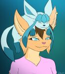 anthro blue_blush blue_body blue_eyes blue_fur blush brown_hair carrying_another clothing ear_piercing ear_ring eeveelution eyes_closed felid feline female feral fur generation_4_pokemon giru_(artist) glaceon hair happy hi_res liz_(thiccfurlizzy) lynx mammal nintendo on_head piercing pink_clothing pink_shirt pink_topwear pokemon pokemon_(species) ring_piercing shirt size_difference tan_body tan_fur topwear