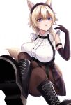  1girl absurdres animal_ears blonde_hair blue_eyes blush breasts cat_ears cat_girl cat_tail disgust highres kage_no_jitsuryokusha_ni_naritakute! large_breasts looking_at_viewer maid maid_headdress nagisilon open_mouth pantyhose short_hair simple_background sitting skirt solo tail white_background 