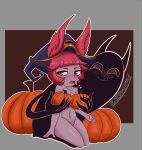 animal_ears bluesparrow blush border breasts brown_background candy_cane_in_mouth clothing covering covering_breasts eyelashes female food front_view fruit fur grey_border hair hat hat_only headgear headgear_only headwear headwear_only hi_res humanoid kneeling league_of_legends looking_at_viewer mostly_nude navel nude open_mouth orange_eyes pink_body pink_fur pink_hair plant pumpkin purple_body purple_clothing purple_hat purple_headwear purple_skin riot_games short_hair short_stack simple_background solo tencent thick_thighs vex_(lol) wide_hips witch_hat yordle