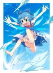  :d \o/ arms_up barefoot blush cirno danmaku feet foreshortening hands jumping massala open_mouth outstretched_arms smile soles solo toes touhou wings 