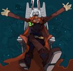  boots bunny cape carrot crossed_legs foreshortening glider_(artist) gloves kasai_(oumagadoki_doubutsuen) no_humans ookami_(oumagadoki_doubutsuen) oumagadoki_doubutsuen outstretched_arms shiina_(oumagadoki_doubutsuen) sitting solo_focus throne uwabami_(horikoshi_kouhei) 