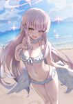  1girl absurdres beach bikini blue_archive blue_halo blue_sky blush breasts choker commentary_request feathered_wings frilled_bikini frills gradient_halo halo hand_on_own_chest hand_on_own_wing highres large_breasts looking_at_viewer loose_hair_strand low_wings mika_(blue_archive) mika_(swimsuit)_(blue_archive) multicolored_halo navel ocean official_alternate_costume open_mouth pink_hair pink_halo raised_eyebrows sand sky solo sparkle swimsuit thong_bikini tora_(kumo_sakamoto) wet white_choker wing_ornament wings yellow_eyes 