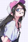  1girl alternate_hairstyle bag black_hair blue_eyes crop_top glasses goma_(gogo_gowa) grid_background grin hair_down hat highres idolmaster idolmaster_shiny_colors jewelry long_hair mitsumine_yuika necklace pink_hat shirt shoulder_bag single_off_shoulder smile solo white_shirt 