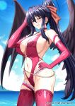  1girl black_hair black_wings blue_sky breasts choker cloud day elbow_gloves gloves hand_on_own_hip hellandheaven high_ponytail high_school_dxd highres himejima_akeno large_breasts long_hair looking_at_viewer navel ocean one-piece_swimsuit outdoors oversized_wings pink_gloves pink_one-piece_swimsuit pink_thighhighs ponytail purple_eyes sky stomach swimsuit thighhighs very_long_hair water wet wings 