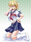  alternate_costume angry bad_id bad_pixiv_id bed_sheet blonde_hair blush fingernails frown green_eyes highres kneeling long_fingernails loose_socks midriff mizuhashi_parsee navel no_shoes ootsuki_wataru pointy_ears school_uniform sharp_fingernails short_hair skirt socks solo touhou 