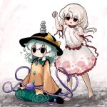  2girls ? barefoot black_boots black_eyes black_hat boots buttons collar diamond_button ebisu_eika eyeball frilled_collar frilled_shirt frilled_shirt_collar frilled_skirt frilled_sleeves frills green_hair green_skirt hat hat_ribbon heart heart_of_string heripantomorrow holding holding_rock kneeling komeiji_koishi long_earlobes low_twintails multiple_girls red_eyes ribbon rock rock_balancing shirt skirt skirt_set stack stacking third_eye touhou twintails white_hair white_shirt white_skirt yellow_ribbon yellow_shirt 