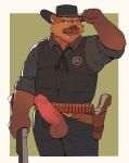 2025 anthro balls bear belt bottomwear brown_body brown_fur clothed clothing collared_shirt cowboy_hat erection facial_hair fur genitals gol1ath gun hat headgear headwear hi_res holding_gun holding_object holding_ranged_weapon holding_weapon humanoid_genitalia humanoid_penis looking_at_viewer male male_anthro mammal mustache open_bottomwear open_clothing open_mouth open_pants overweight overweight_anthro overweight_male pants partially_clothed partially_clothed_anthro partially_clothed_male penis ranged_weapon sheriff shirt simple_background solo springey teeth tongue topwear vest weapon