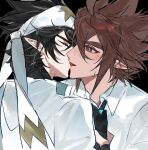  2boys absurdres ahoge anmicius aotu_world aqua_eyes bandana black_background black_hair black_necktie blush brown_hair chinese_commentary closed_eyes clothes_grab collared_shirt french_kiss hair_between_eyes headband highres jacket kiss liaoxiaoyan0919 looking_at_another male_focus multiple_boys necktie neckwear_grab pointy_ears print_headband profile ray_(aotu_world) shirt short_hair simple_background spiked_hair star_(symbol) star_print sweatdrop tongue tongue_out upper_body white_headband white_jacket white_shirt yaoi 