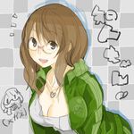  bad_id bad_pixiv_id breasts brown_eyes brown_hair cleavage copyright_request downblouse glasses heart jewelry large_breasts necklace teriyaki track_suit 