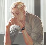  1boy blonde_hair closed_eyes collared_shirt crying ctkcave curtains dappled_sunlight indoors male_focus mature_male medium_hair original own_hands_together parted_hair shirt sitting solo sunlight teardrop watch white_shirt wristwatch 