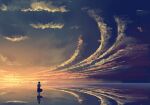  1girl bangqiao_yan bob_cut cloud cloudy_sky dress dusk from_behind full_body glowing gradient_sky horizon mini_person minigirl ocean original ripples scenery short_hair sky solo standing standing_on_liquid twilight 