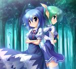  &gt;:) back-to-back blue_eyes blue_hair bow cirno crossed_arms daiyousei dress forest green_eyes green_hair hair_bow light_rays multiple_girls nature short_hair side_ponytail smile sunbeam sunlight takeponi thighhighs touhou v-shaped_eyebrows white_legwear wings zettai_ryouiki 
