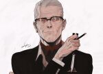  1boy black_jacket checkered_clothes checkered_shirt collared_shirt ctkcave earrings facial_hair glasses goatee_stubble holding holding_smoking_pipe jacket jewelry looking_at_viewer male_focus mature_male old old_man original portrait red_scarf ring scarf shirt simple_background single_earring smoking_pipe solo stubble suit_jacket white_background 